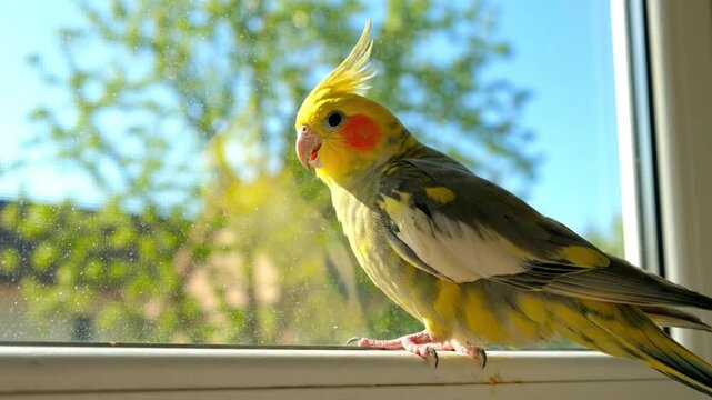 Cockatiel Bird Perched on Windowsill Looking Outside at Garden