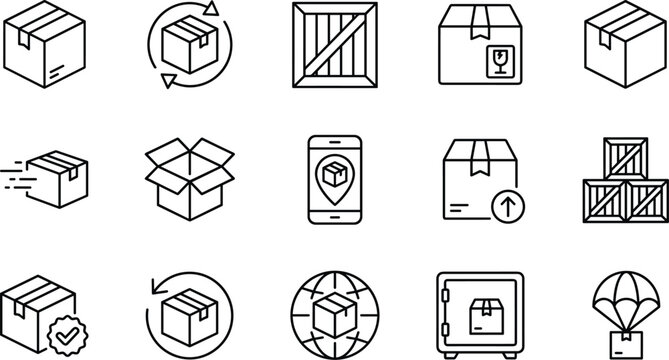 Logistics delivery cargo packaging and shipping thin line icon set