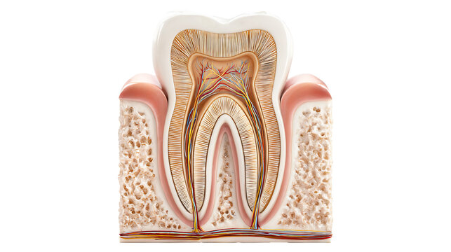 Realistic tooth cross section anatomy with pulp nerves roots and gum isolated on transparent background, dental PNG cutout for design