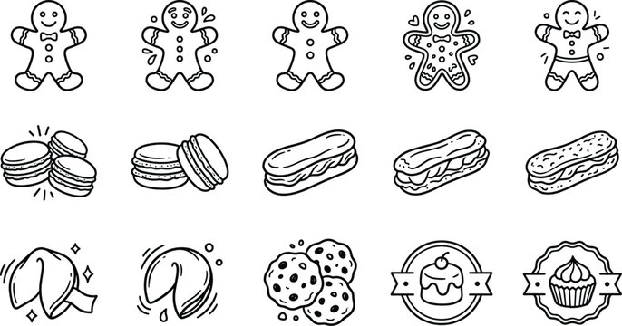 Sweet bakery desserts and holiday gingerbread cookies line icon set