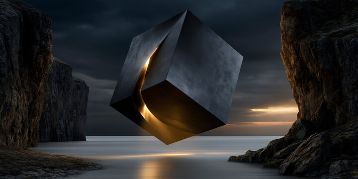 floating black cube emitting golden light over endless white landscape, impossible balance luxury future concept with golden glow, posthuman luxury vision of ai wealth and innovation landscape