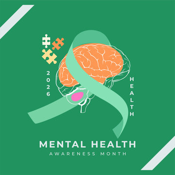 Mental Health Awareness Month horizontal background. Features a human brain illustration with a flowing green ribbon, puzzle pieces, and a gear on white space for therapy and wellness support. haelthy