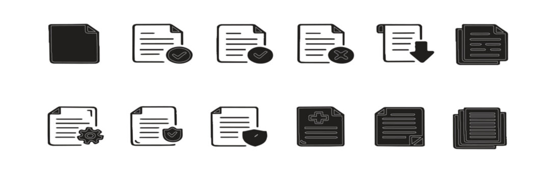 Document icon set. Clipboard outline icons. Containing text documents, files, lists, folders, contracts, and more. Vector illustration