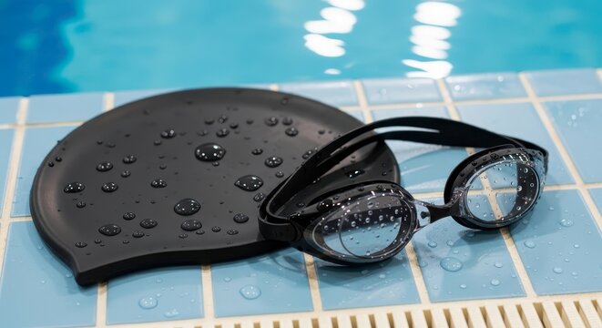 Swim goggles and cap on tiles.