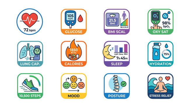 Health and fitness icons, 12 wellness symbols, vector graphics, medical signs, health tracker elements