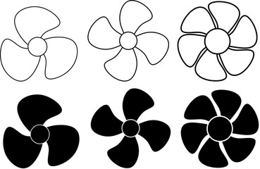 Collection of abstract fan blade and propeller icon set with three, four and six blade rotor symbols. vector illustration screw or airscrew in outline and solid silhouette © Rustanto
