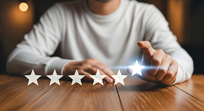 A person in a white shirt rating with glowing star on wooden table indoors
