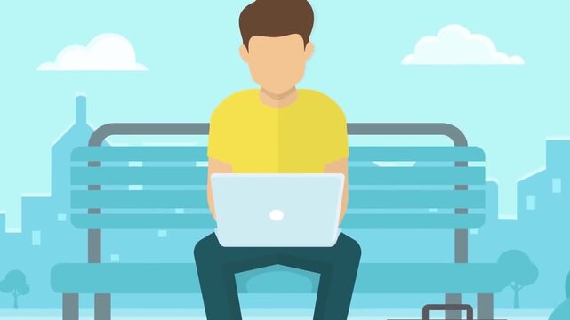 2D Animated Man Sitting on Outdoor Park Bench Working on Laptop, Digital Nomad Remote Work Freelancer Concept, Flat Vector Landscape