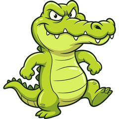 Fototapeta premium A cartoon alligator is standing on land with a menacing expression.