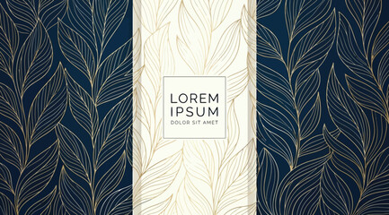 Elegant floral background with golden leaves on dark blue and cream, luxury botanical pattern for wedding invitation or greeting card design © Siam