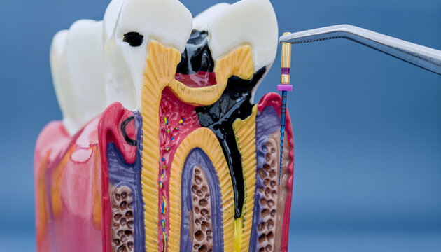 Endodontic treatment concept. Dental file in tweezers near infected root canal of an anatomical tooth cross-section model.