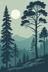 Fototapeta premium Pine forest silhouette at dusk with full moon in muted teal and dark blue tones for nature illustration
