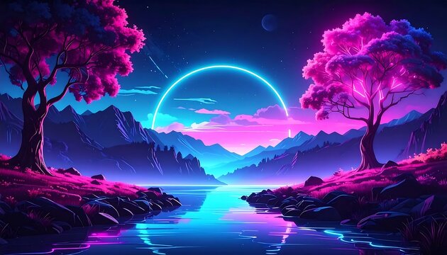 Vibrant digital art of futuristic neon cityscape at night.
