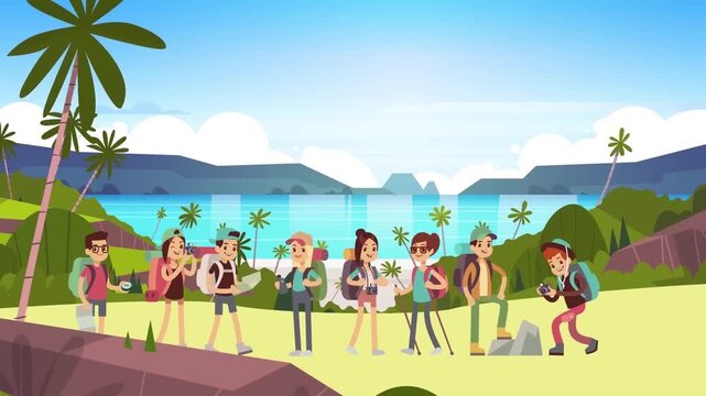 2D Animated Group of Tourists Backpacking on Tropical Beach, Travelers Vacation Tour under Palm Trees, Flat Vector Landscape