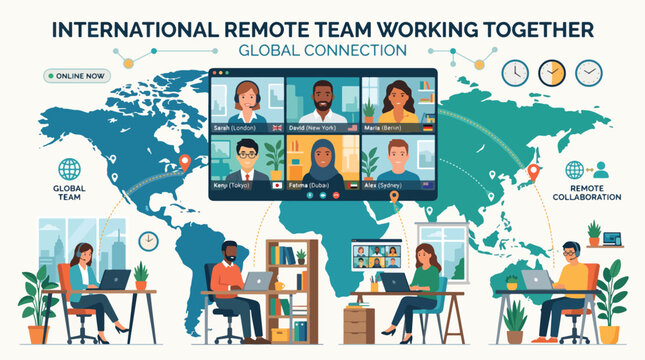 Global team collaborates remotely on project together online