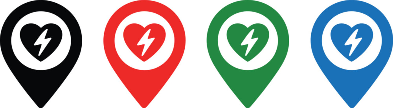 Automated external defibrillator icon, AED sign, heart with electricity symbol, emergency medical equipment, hospital safety, healthcare signage.