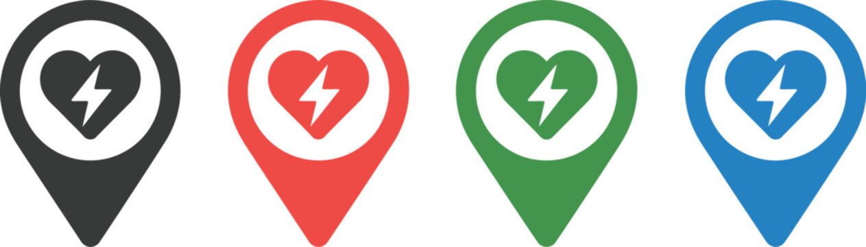 AED emergency sign, automated external defibrillator icon, heart and lightning symbol, medical rescue, hospital safety, flat emergency pictogram.