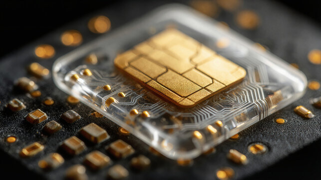 Macro view of a transparent bank card chip with intricate circuitry and golden contacts