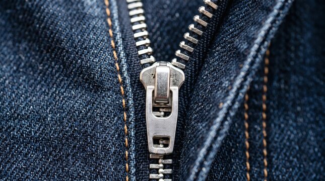 Close-up of a silver zipper on blue denim fabric, showing intricate details of the teeth and pull tab.