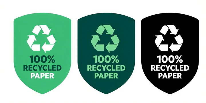 100 Percent Recycled Paper Eco Label Set with Recycling Symbol Sustainable Packaging Green Badge Vector Illustration