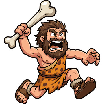 A caveman excitedly runs with a large bone in hand.
