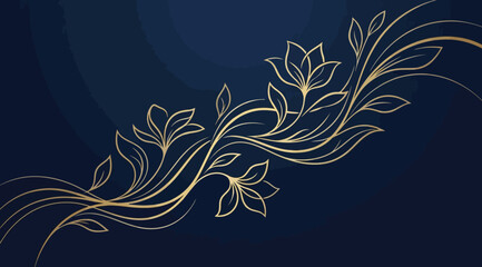 Elegant golden floral vine ornament on dark blue background, luxury botanical line art design © S.Siam