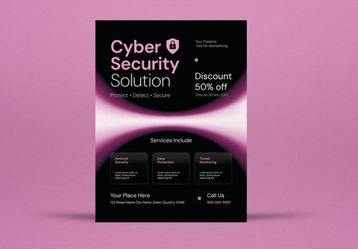 Pink and Black Fractal Cyber Security Solutions Flyer Layout