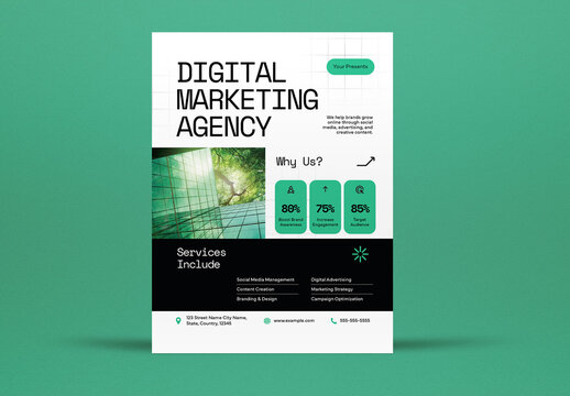 White and Green Corporate Digital Marketing Agency Flyer Layout