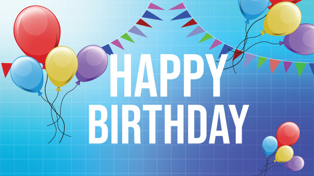 Happy Birthday greeting card vector, festive party background with colorful balloons and bunting flags, celebratory blue gradient banner