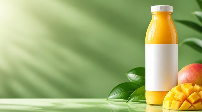 Fresh orange juice bottle with mango on tropical leafy green background bac