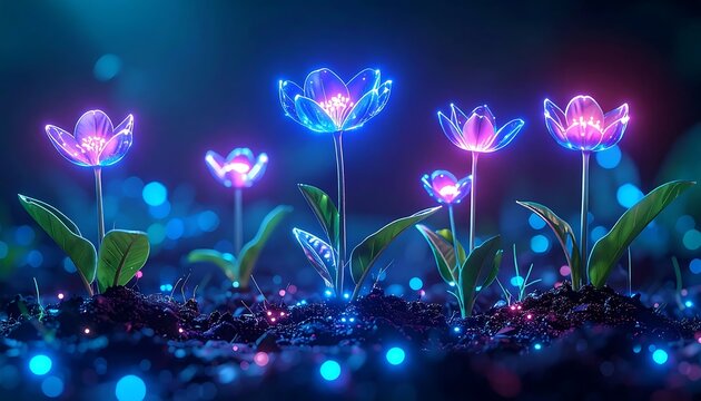 Vibrant bioluminescent plants in dark futuristic lab setting.