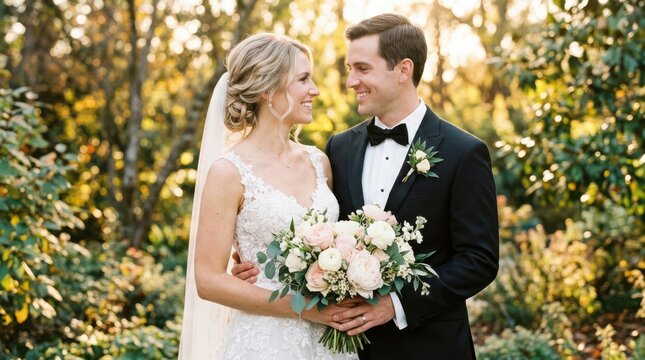 Elegant bride and groom embracing during sunset garden wedding ceremony with marriage, ceremony