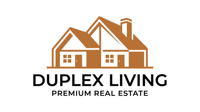 A modern duplex house with a chimney and two doors is shown in a graphic illustration for premium real estate.