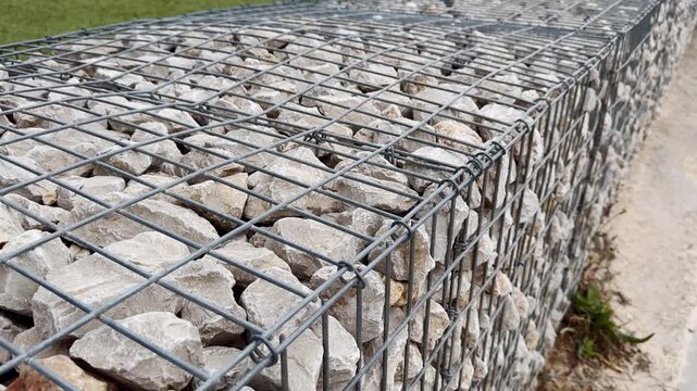 Angled close-up of a gabion wall filled with pale limestone rocks, showing steel wire grid construction beside a path and lawn.