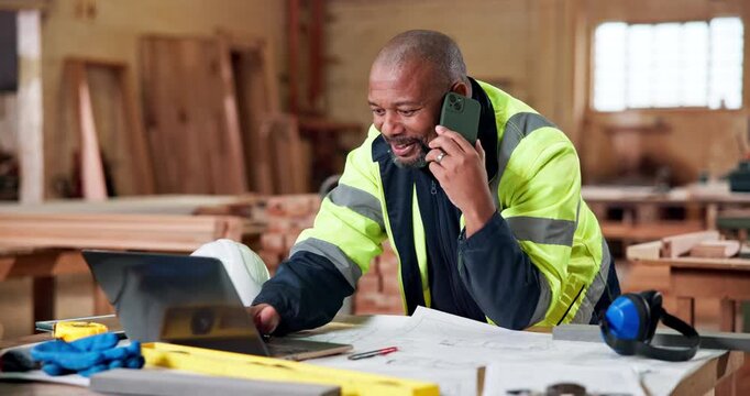 Laptop, man and happy with phone call in carpentry for shopfitting, custom furniture or update. Construction, mature black person and mobile contact in warehouse for layout design, tech and feedback