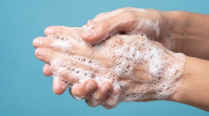 Fototapeta premium Close-up of hands being washed with soap and water, creating a lather against a blue background.
