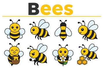 Fototapeta premium Honey Bee Icons for Nature, Pollination and Garden Designs Editable Vector