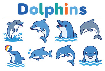 Fototapeta premium Friendly Dolphin Icons for Ocean Wildlife and Marine Life Vector Collection