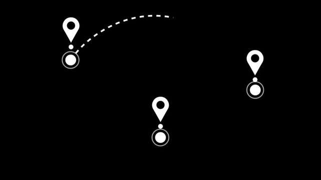 Animated GPS Route Navigation with Location Pins and Dashed Path Tracking Map Element on Black Background.