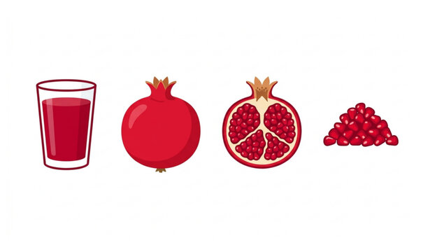 Realistic Pomegranate and Juice Flat Vector Icon Set for Web Design