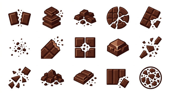 Collection of various chocolate bar pieces and crumbs isolated on white background.