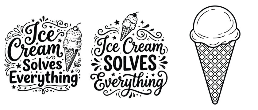 Ice cream lettering designs and waffle cone illustration isolated on white background