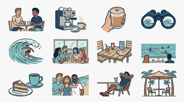 Collection of vintage travel and adventure themed icons and illustrations.