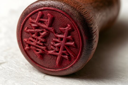 Macro photograph of carved wooden name stamp Dojang with red ink