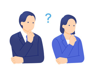 Fototapeta premium 右を向いて顎に手を当て、仕事の課題について考え込む男女のビジネスパーソン