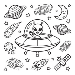Fototapeta premium Space Exploration Illustration Featuring An Alien Flying Saucer Planets And Celestial Bodies extraterrestrial