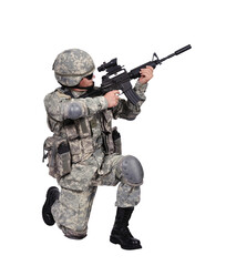 Fototapeta premium Soldier kneeling with rifle. Armed man in camouflage uniform aiming weapon. Military combat training and defense concept.