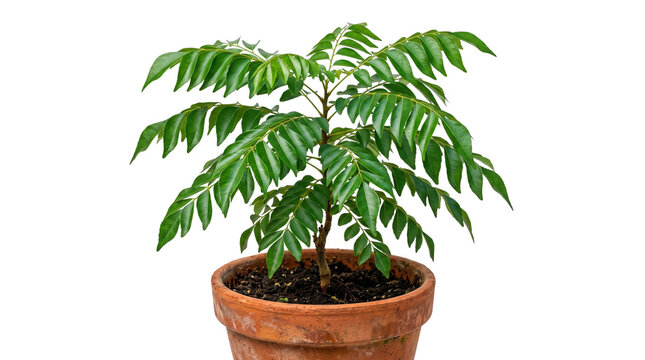 Fresh curry leaf plant in terracotta pot, organic murraya koenigii herb for cooking, aromatic green potted spice tree for home gardening isolated PNG with Transparent Background