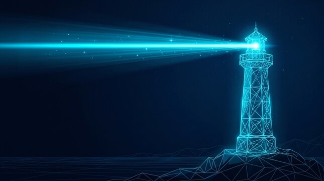 Digital lighthouse beacon guiding light futuristic glowing neon wireframe style with lighthouse navigation futuristic wireframe technology abstract maritime nautical particles