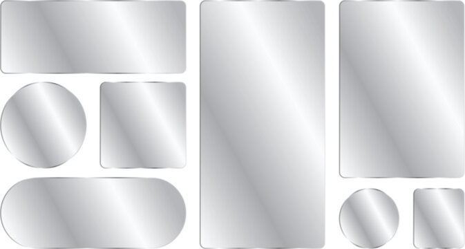 Set of blank metallic silver plates, banners and buttons of various shapes, glossy chrome labels, shiny metal frames, realistic vector design elements